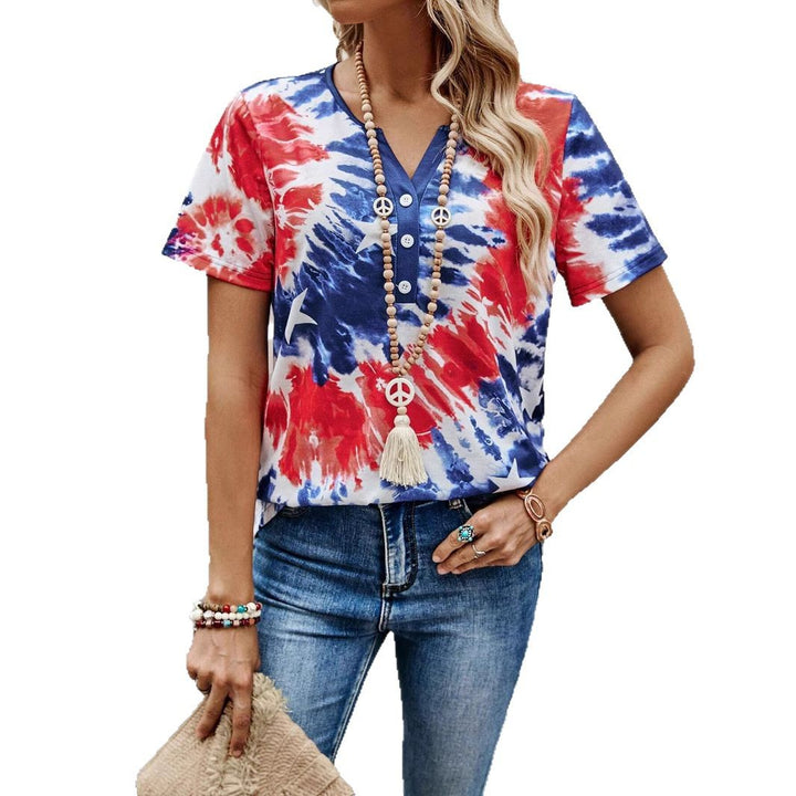 Short sleeve women's T-shirt with buttoned neck and playful batik design Lune London