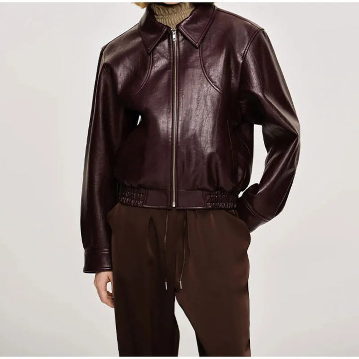 Fashionable synthetic leather jacket for women with elastic hem and modern cut Lune London