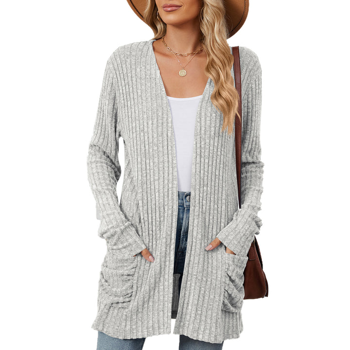 Ladies casual knit jacket with ribbed texture and practical pockets Lune London