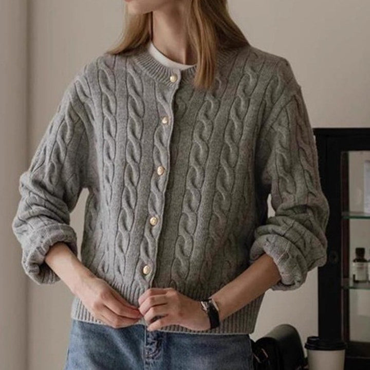 Knitted jacket for women with cable pattern and elegant button details Lune London