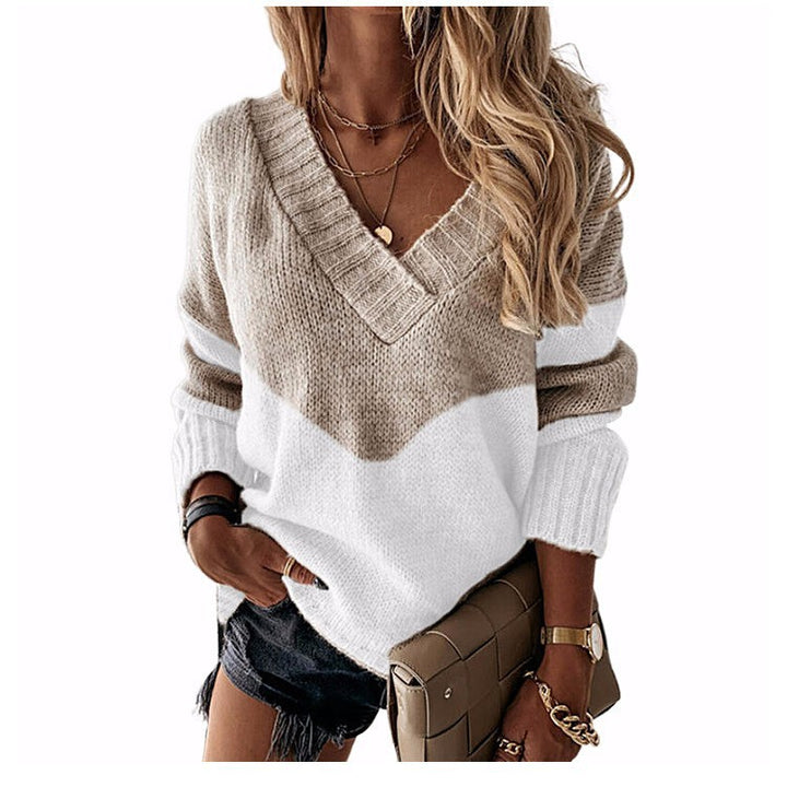 V-neck sweater for ladies with geometric color play Lune London
