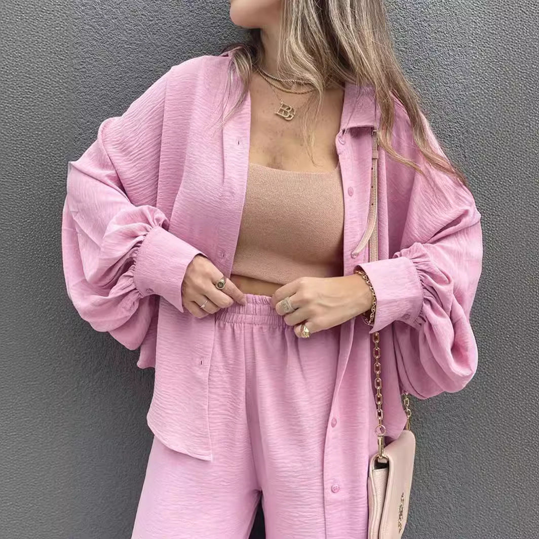Ladies Casual blouse set with wide pants and button top Lune London