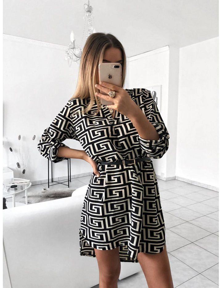 Shirt dress for women with geometric pattern and waist belt Lune London