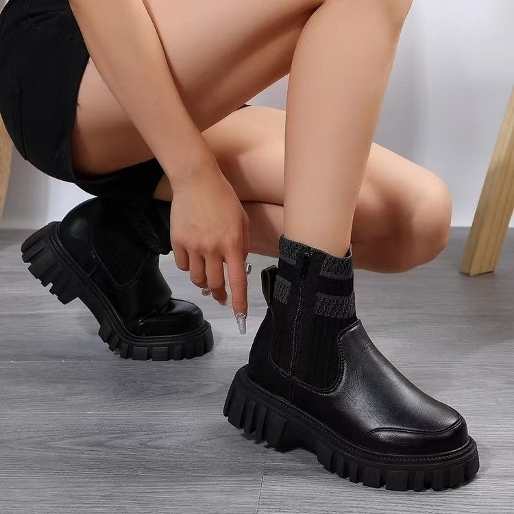 Women's Biker Boots with Elastic Knit Cuff and Sturdy Profile Lune London