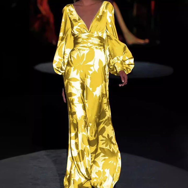 Maxi dress for women with deep V-neck and voluminous sleeves Lune London