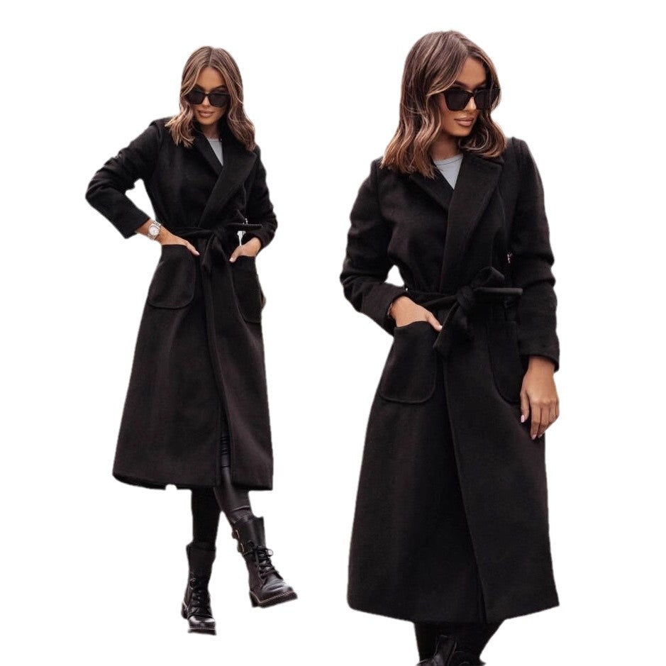 Ladies elegant wrap coat with practical pockets and adjustable belt Lune London