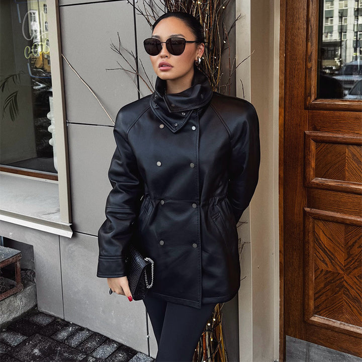 Faux leather jacket for women with high collar and practical pockets Lune London