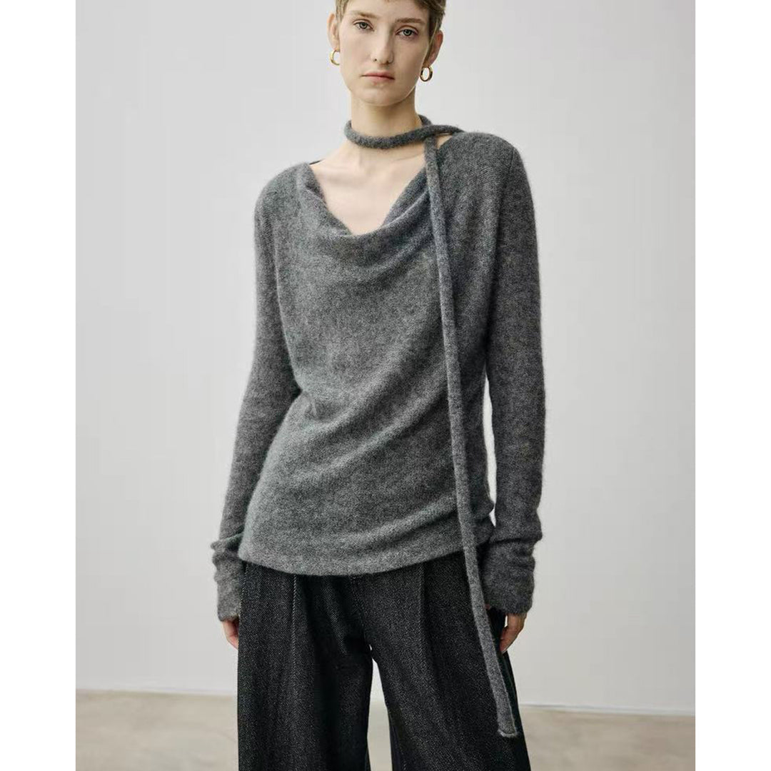 Ladies Elegant Knit Top with Open Neckline and Tie Lune London
