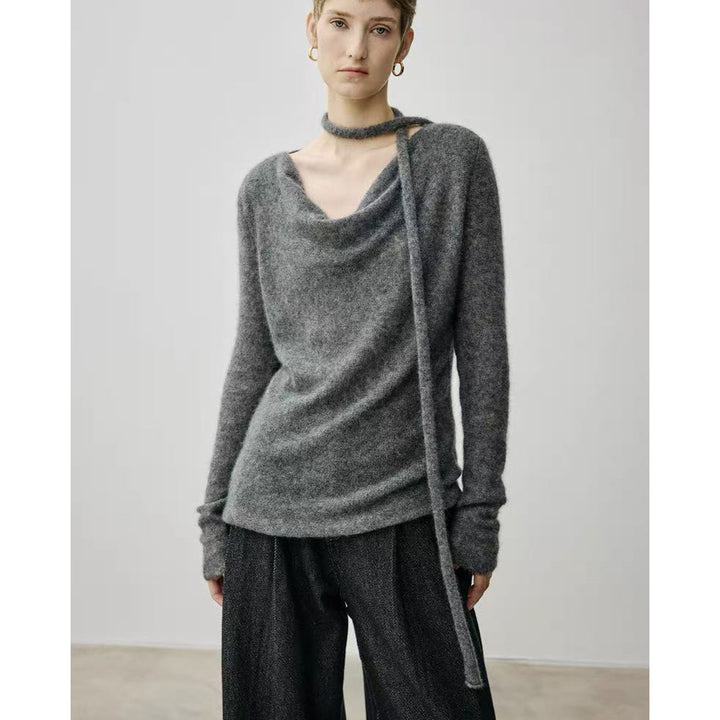 Ladies Elegant Knit Top with Open Neckline and Tie Lune London