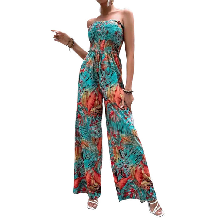 Ladies Tropical Print Wide Leg Jumpsuit Lune London