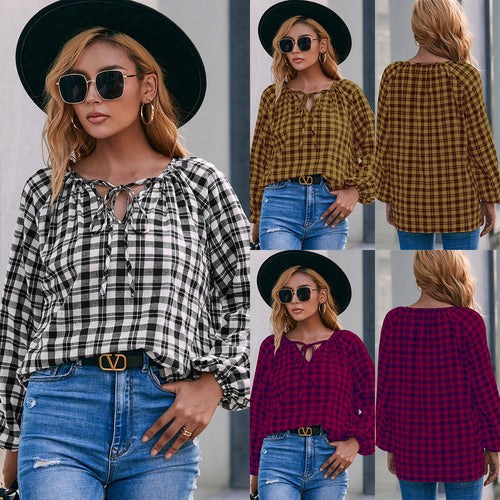 Shirt for women with check pattern and bow detail Lune London