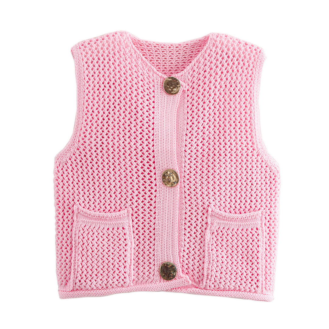 Ladies knitted vest with decorative buttons and pockets Lune London