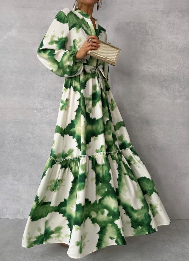 Maxi dress for women with a modern watercolor pattern and a voluminous skirt Lune London