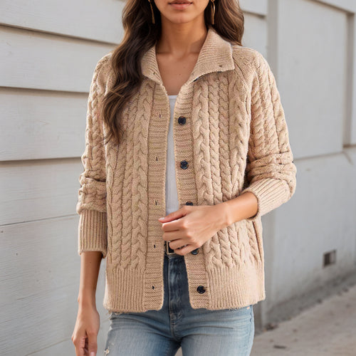 Thick knit jacket for women with decorative braid pattern and practical pockets Lune London