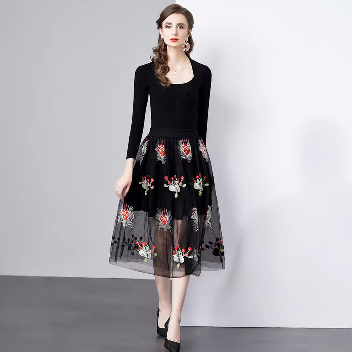 Ladies Elegant Embroidered Midi Dress Lune London