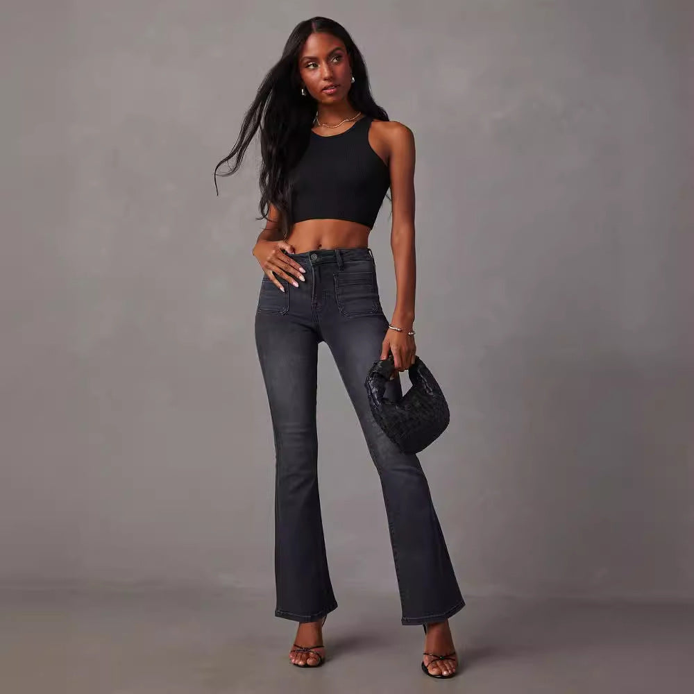 Women Flared Jeans with High Waist and Textured Denim Lune London