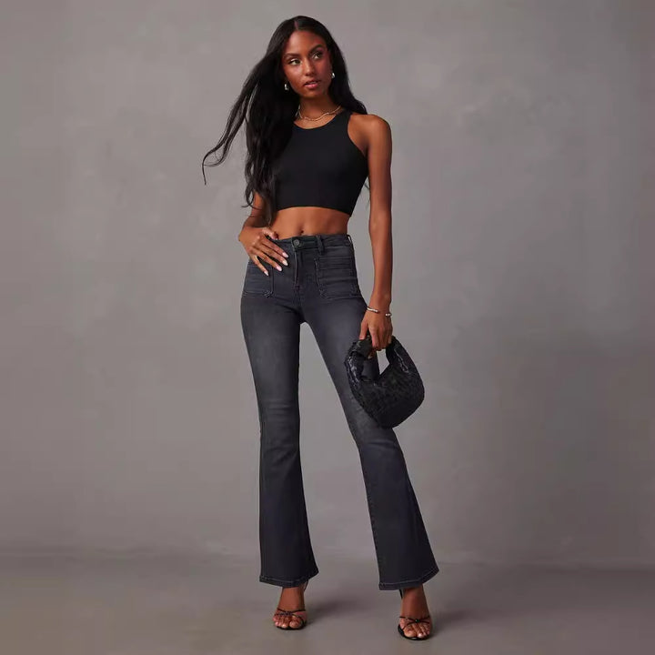Women Flared Jeans with High Waist and Textured Denim Lune London