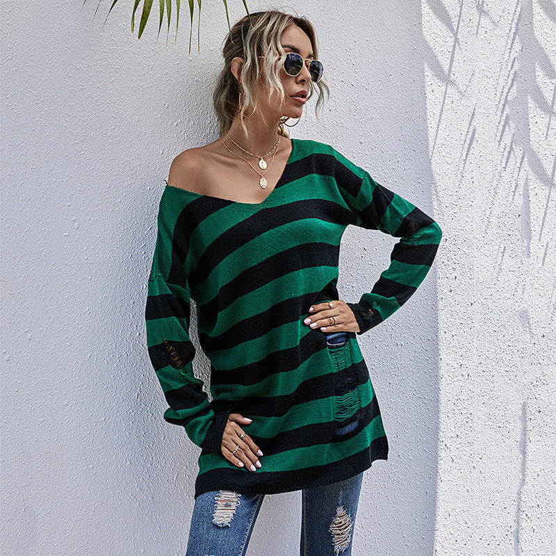 Casual sweater for women with asymmetrical neckline and striped design Lune London