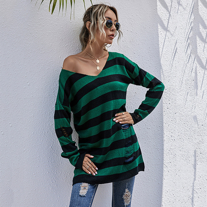 Casual sweater for women with asymmetrical neckline and striped design Lune London