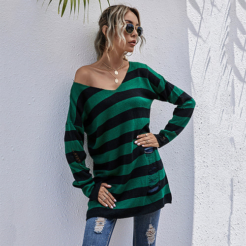 Casual sweater for women with asymmetrical neckline and striped design Lune London