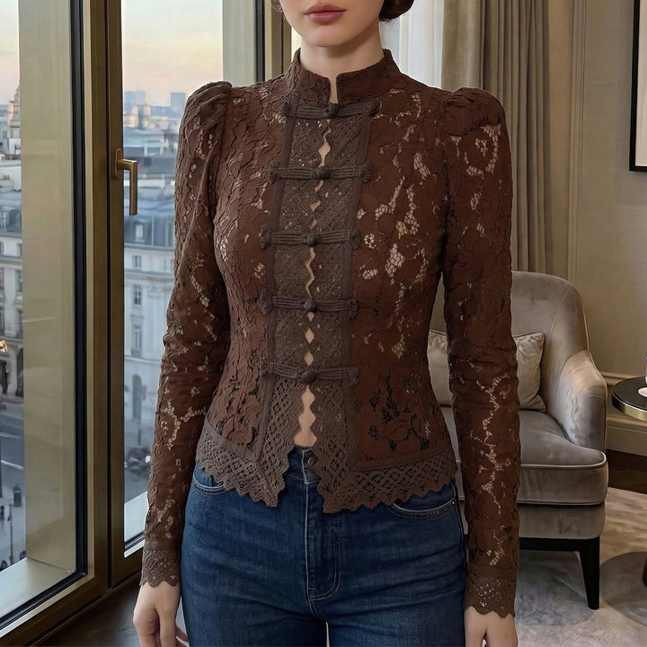 Women's lace blouse with textured details and elegant stand-up collar Lune London