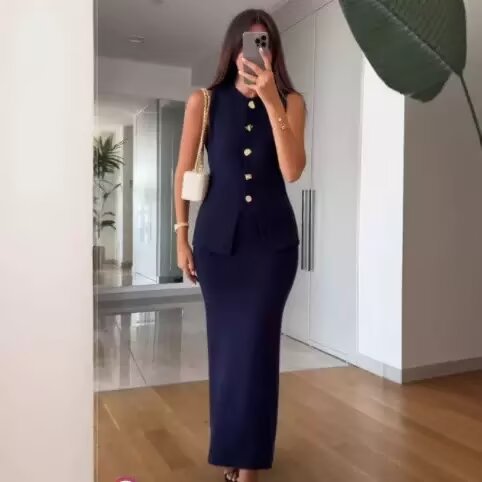 Women’s outfit including a sleeveless top with button details and a flared skirt Lune London