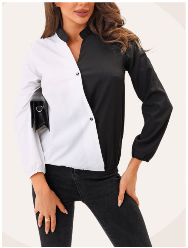 Trendy women's blouse with an asymmetrical color design and chic division seams style