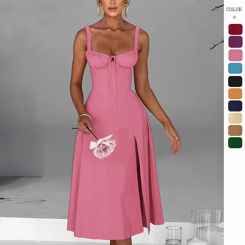 Elegant Midi Dress for Women with Deep V Neck and Chic & Stylish Refined Waist Element