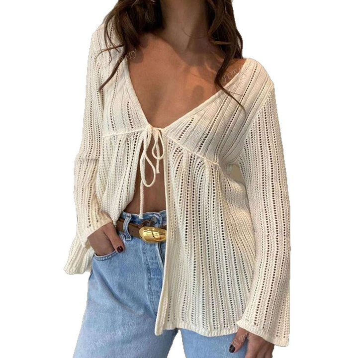 Women airy cardigan with deep V-neck and tie Lune London