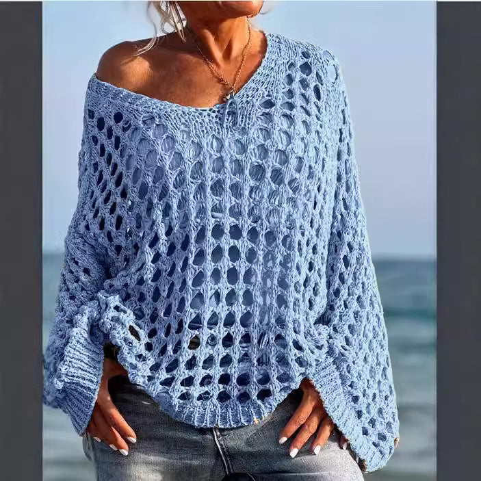 Knitted off-shoulder sweater for women with an airy structure in openwork stitches Lune London