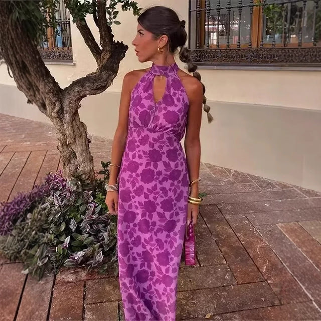 Maxi dress for women with floral design and elegant back neckline Lune London