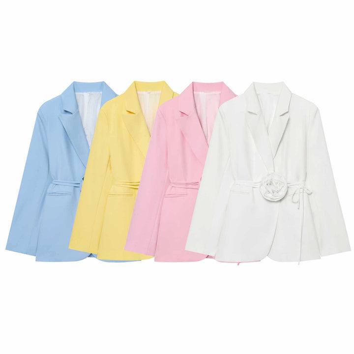 Ladies elegant blazer with attached decorative belt and floral accents Lune London
