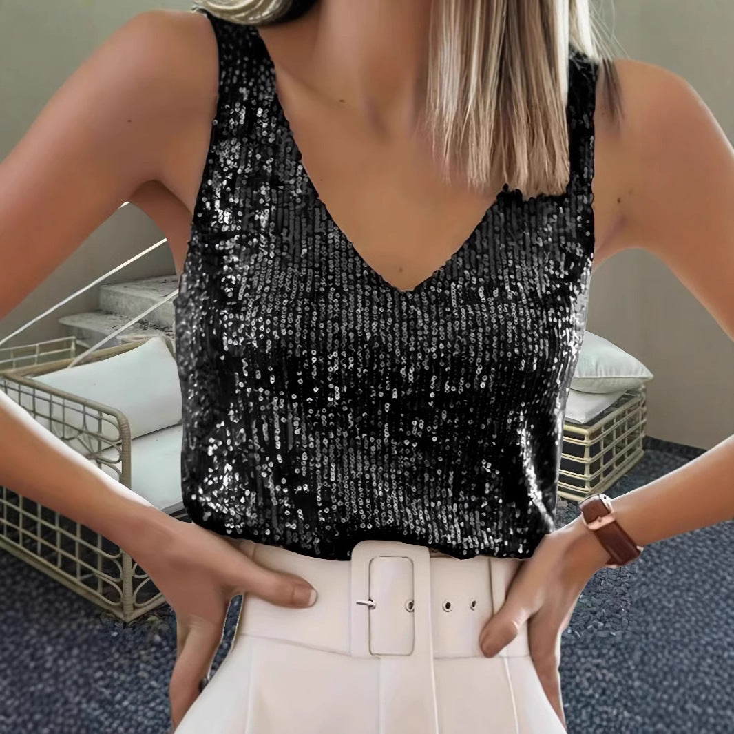 Ladies Sequin V Tank Top Lune London