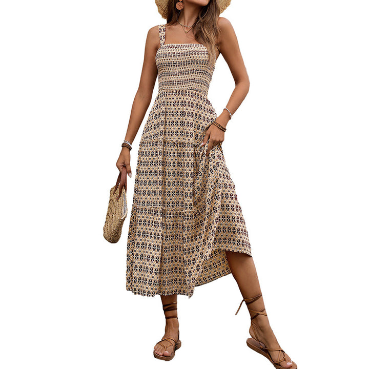 Midi ruffle dress inspired by bohemian style for women with adjustable spaghetti straps Lune London