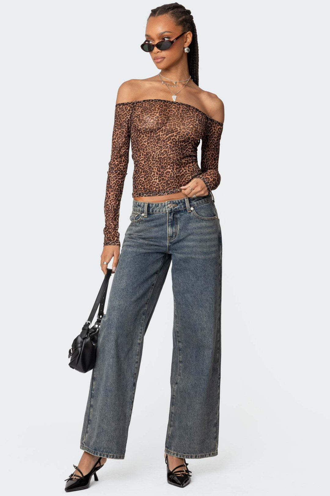 Women's Off-Shoulder Long Sleeve Shirt with Leopard Print Lune London