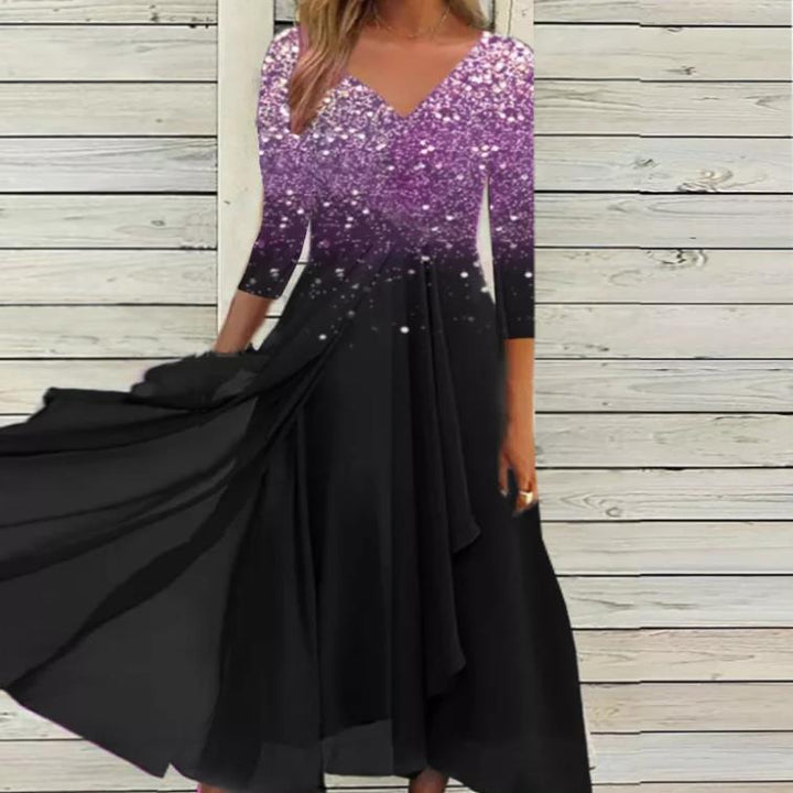 Maxi dress for women with sparkling V-neck and flowing hem Lune London