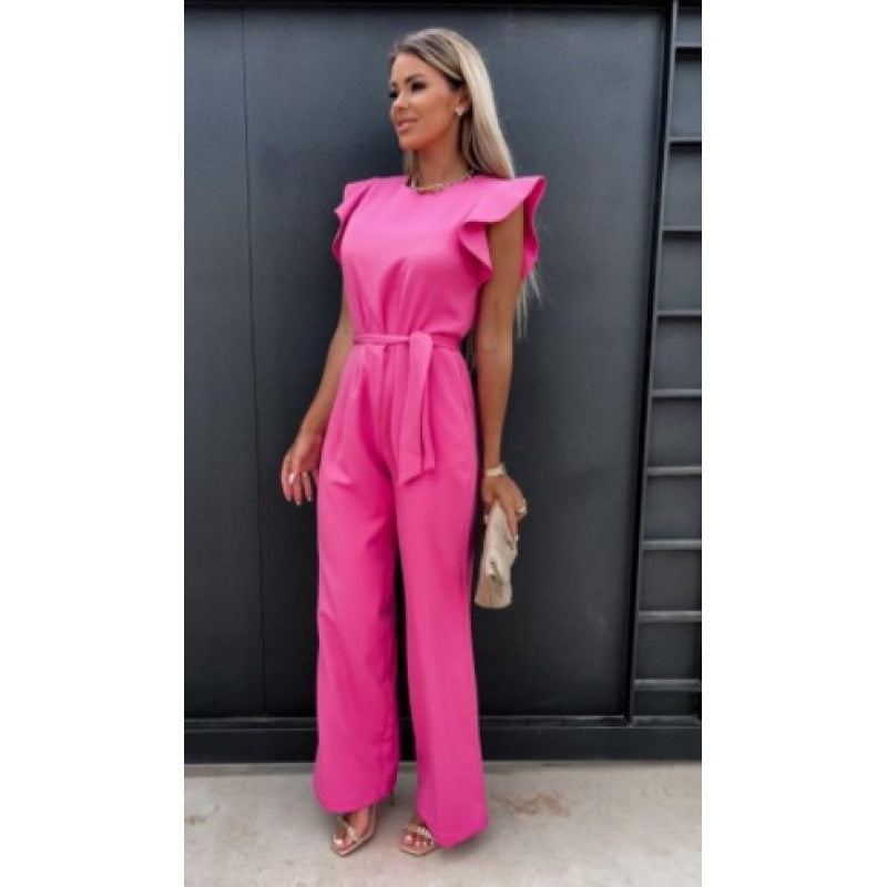 Women Fluid Wide Leg Jumpsuit with Ruffled Sleeves Lune London