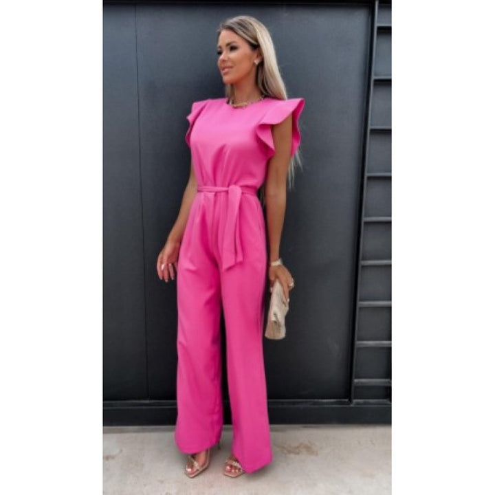 Women Fluid Wide Leg Jumpsuit with Ruffled Sleeves Lune London