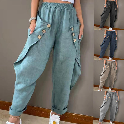 Casual summer pants for women with button details and practical side pockets Lune London