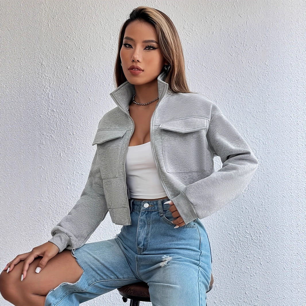 Cropped leisure jacket for women with practical chest pockets and elastic hem Lune London