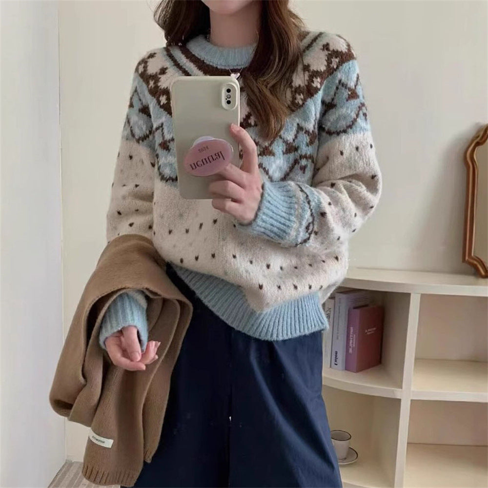 Knitted sweater for women with graphic Norwegian pattern and high round neckline Lune London