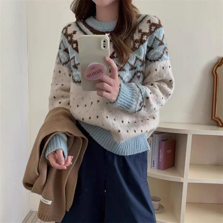 Knitted sweater for women with graphic Norwegian pattern and high round neckline Lune London