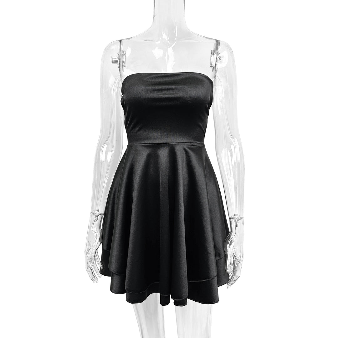 Women's Strapless Satin Mini Dress with Flowing Skirt Lune London