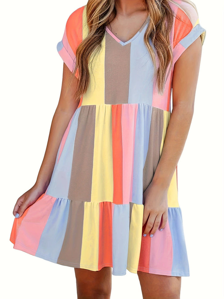 Casual summer dress for women with a modern striped design, featuring a V-neck and ruffles Lune London