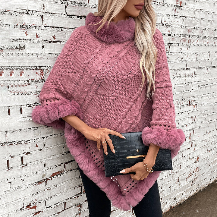 Ladies cozy knit poncho with plush velvet trim Lune London