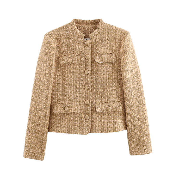 Elegant blazer jacket for women in classic style made of tweed with chic and stylish button details