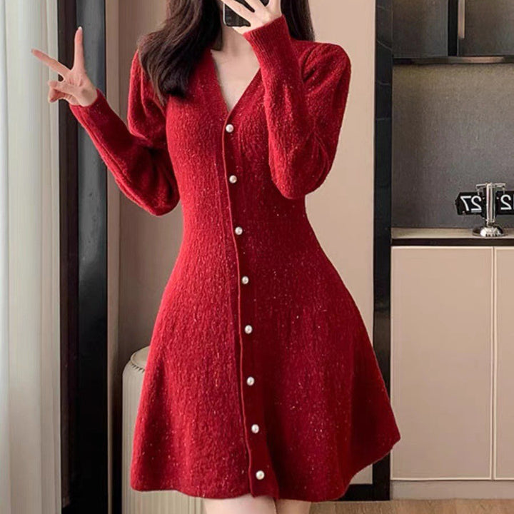 Knit dress for women with button placket and ballet-style sleeves Lune London