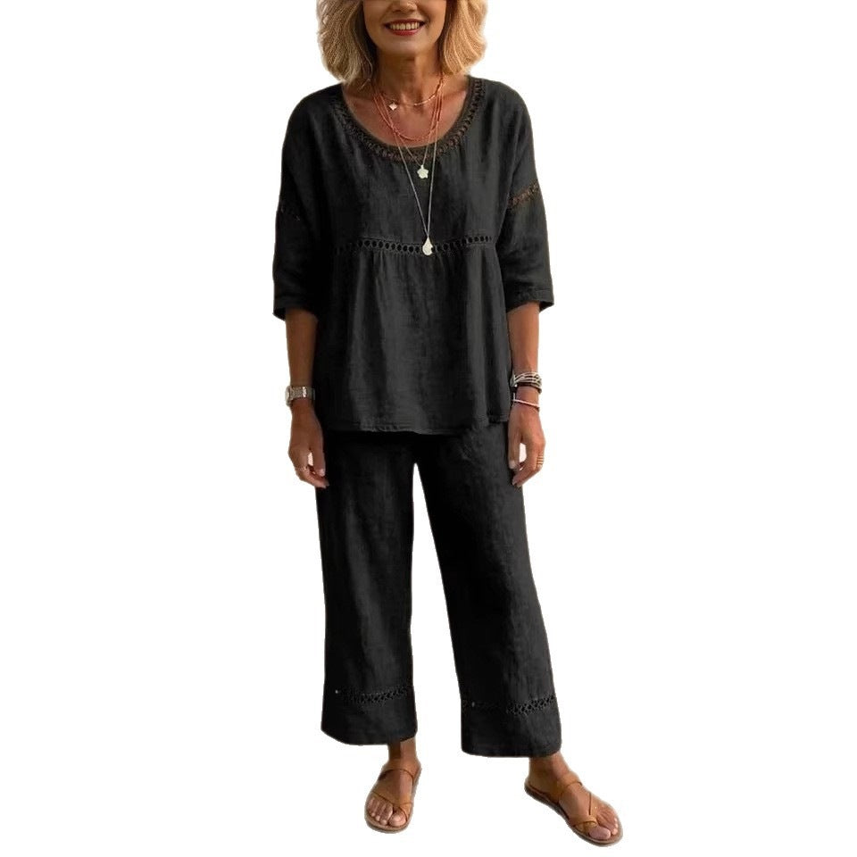 Women's Complete Loungewear Set Made of Linen with Airy Fit and Lace Details Chic & Stil