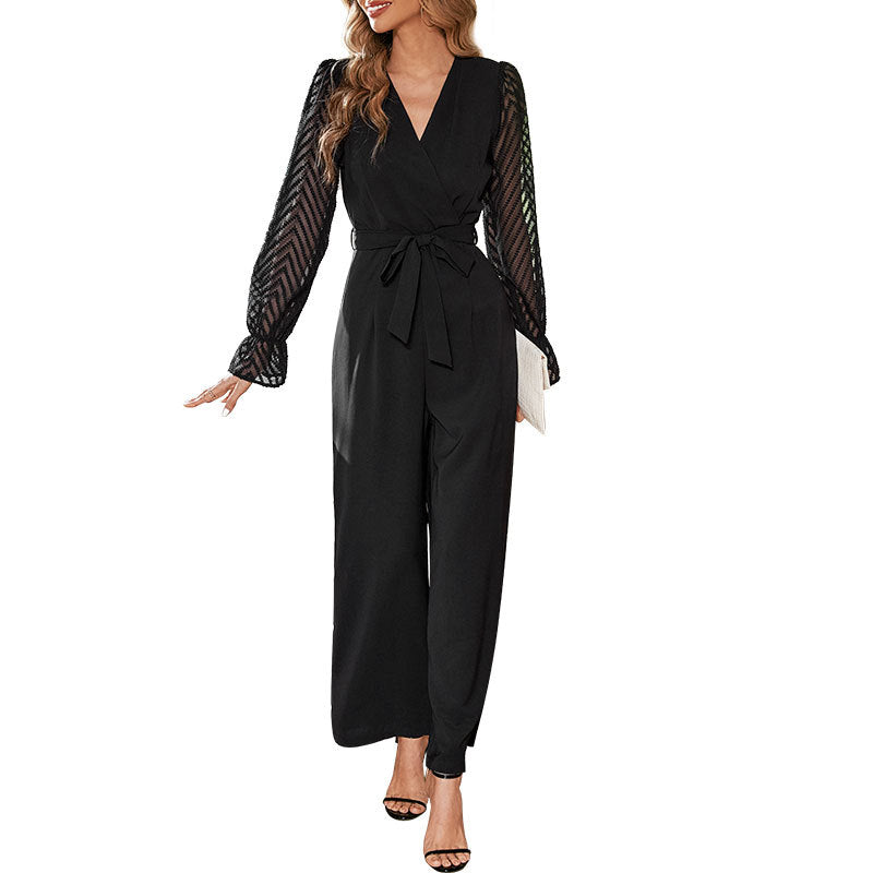 Women Elegant Jumpsuit with Adjustable Waist Belt and Transparent Sleeve Look Lune London