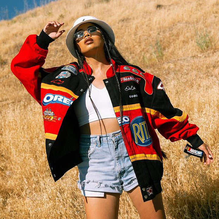 Oversized women's motorcycle sports jacket with colorful graphic details and a loose fit Lune London